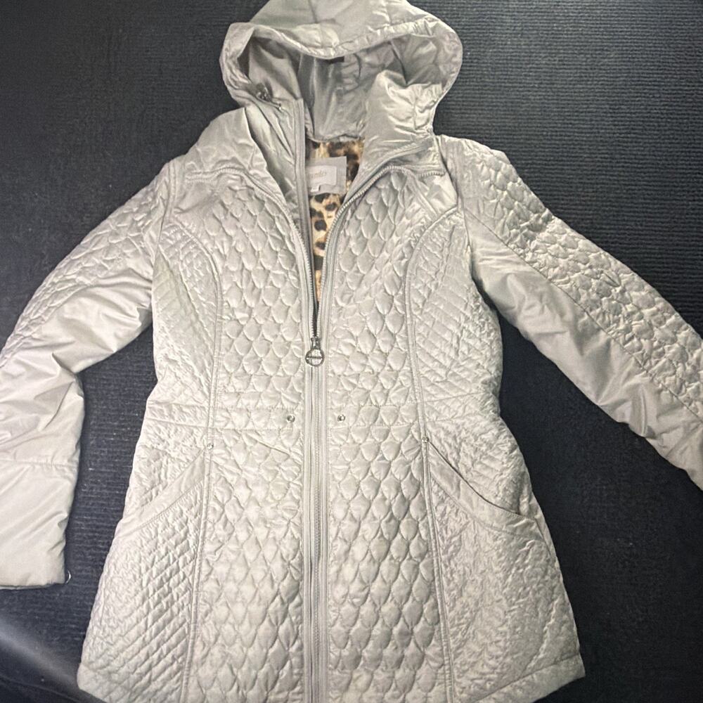 Laundry Shelli Segal M Silver Quilted Jacket Leopard Lined Y2K Luxe